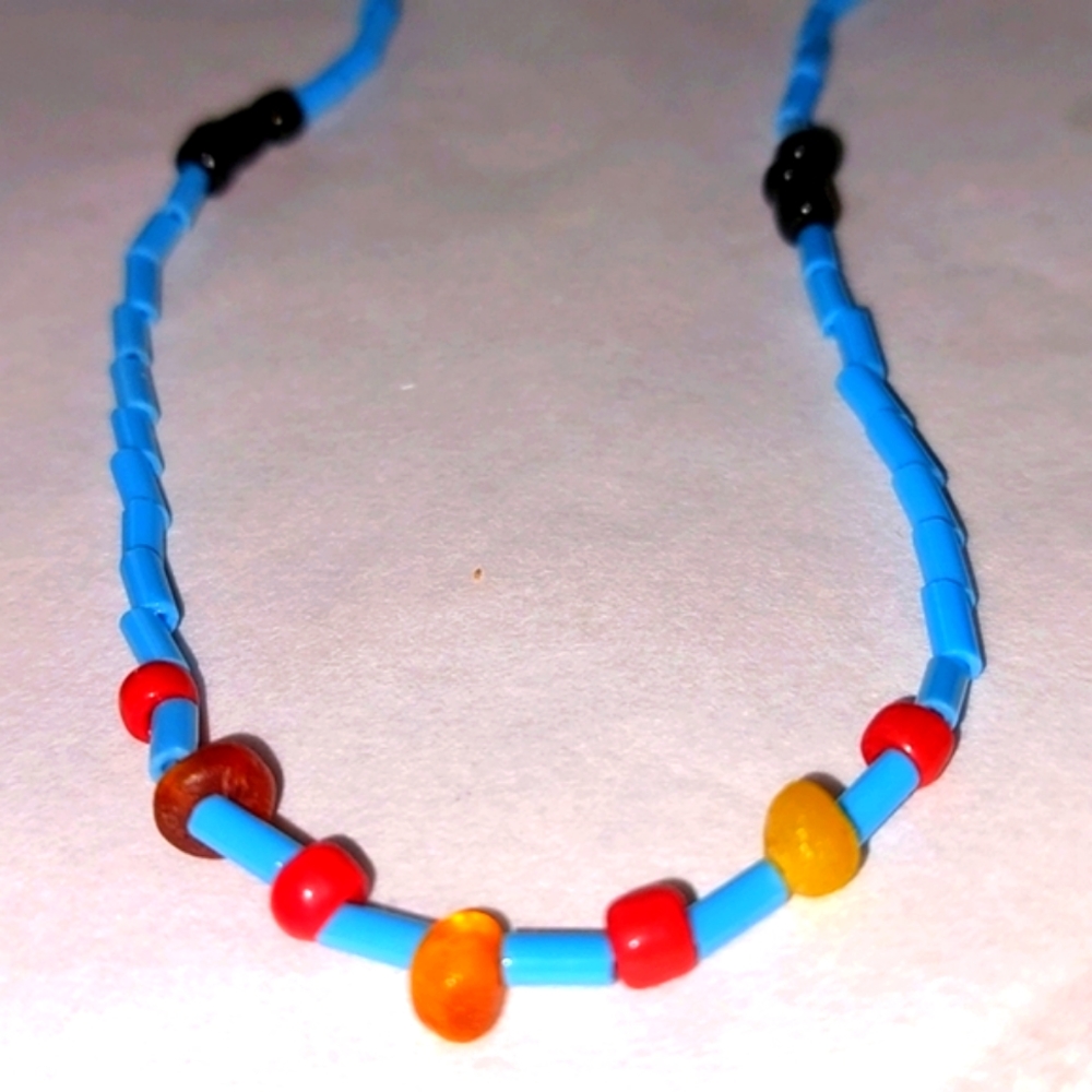 Baltic Amber Turquoise Colored Glass Bugle Beads.Adjustable Necklace.